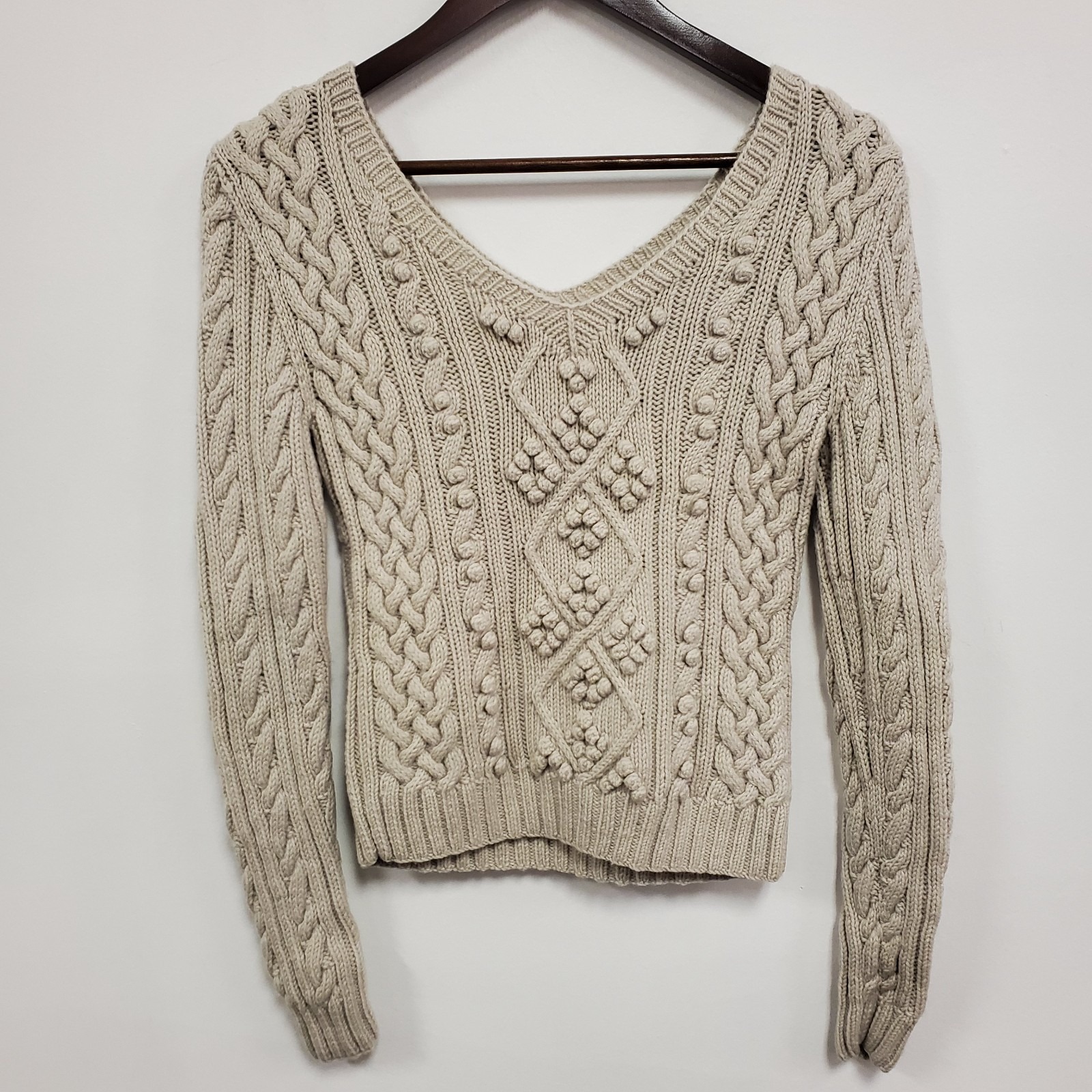 Vintage Express Womens Y2k Merino Wool Bobble Knit Sweater Size S Beige Layers